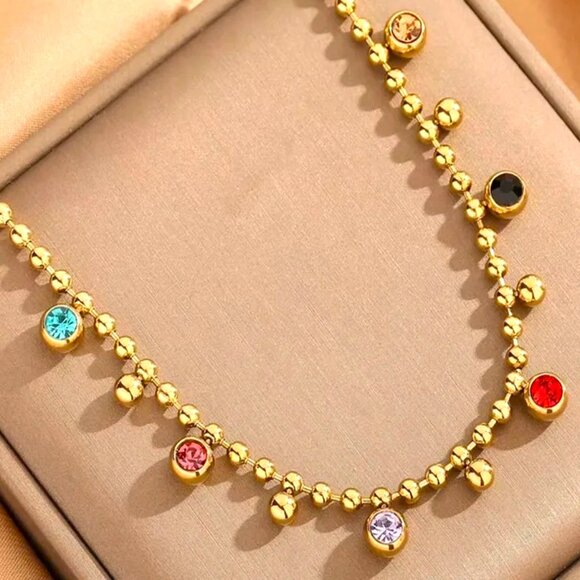 18K GOLD DIPPED BALL CHAIN NECKLACE SET WITH BALL CZ IN COLORS ALL AROUND - Picture 2 of 2